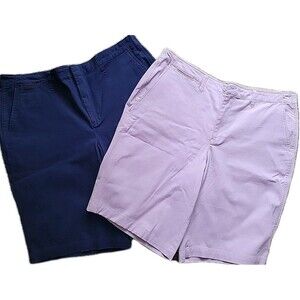 Lands' End LOT Chino Shorts Women 16 Solid Lavendar Navy Mid Rise Cotton Spandex